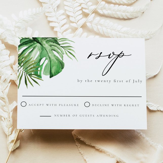 CORA Tropical Palm Leave Beach Themed Wedding RSVP Invitation (Creator Uploaded)