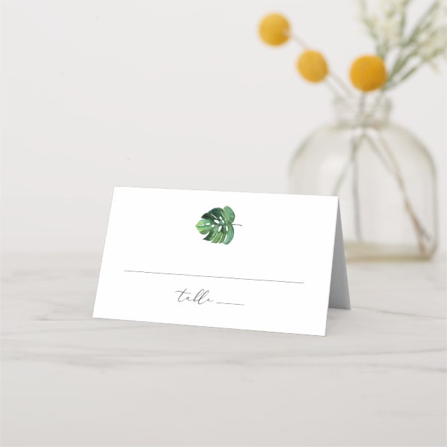 CORA Tropical Watercolor Palm Leaf Simple Minimal Place Card (Front)