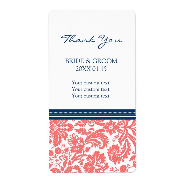Corail bleu Damask Modèle de mariage Étiquettes (Devant)