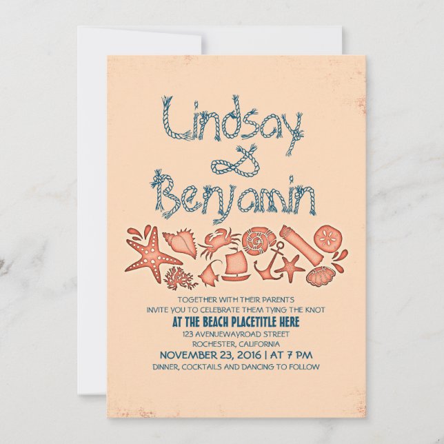 corail bleu marine marine invitations de mariage (Devant)