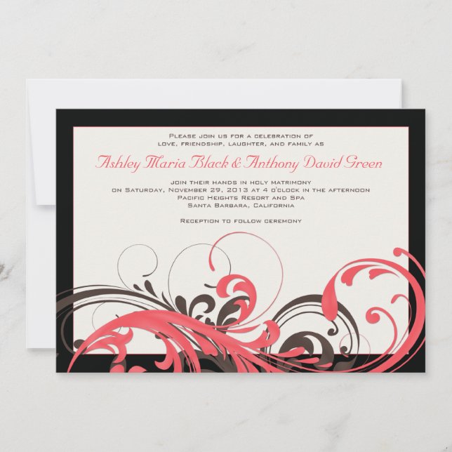 Corail, Brown, Faire-part de mariage Floral Noir (Devant)