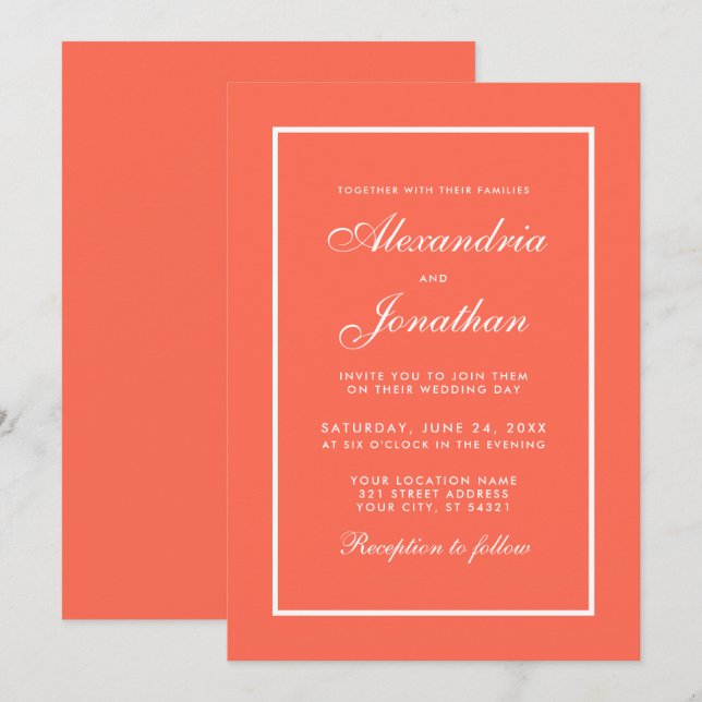 Corail élégant et Faire-part de mariage blanc mode (Devant / Derrière)