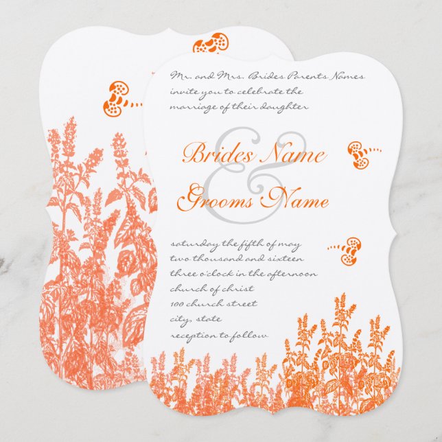 Corail & Gris Fleur Papillon Mariage Invitations (Devant / Derrière)