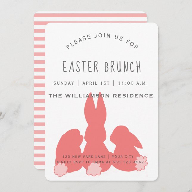 Corail mignon Bunnies Pâques | Brunch Invitation (Devant / Derrière)