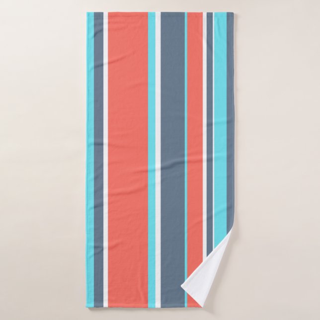Corail vivant, bandes bleues et grises (Serviette de bain)