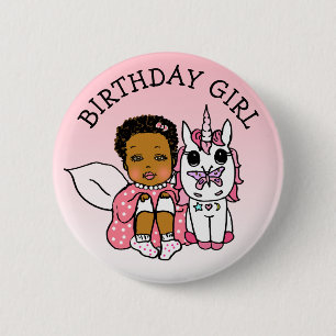 Coral African-American Fairy Unicorn Birthday Girl 2 Inch Round Button