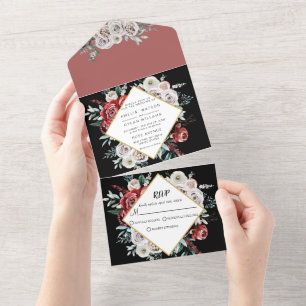 Coral Almond Modern Watercolor Floral Wedding  All In One Invitation