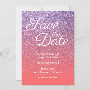 Coral and Amethyst Ombre Glitter Save the Date Invitation