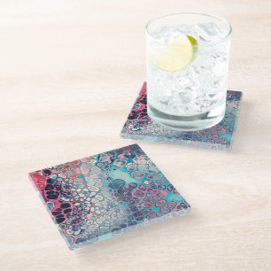 Coral and Aqua Acrylic Pour Colourful Abstract Glass Coaster
