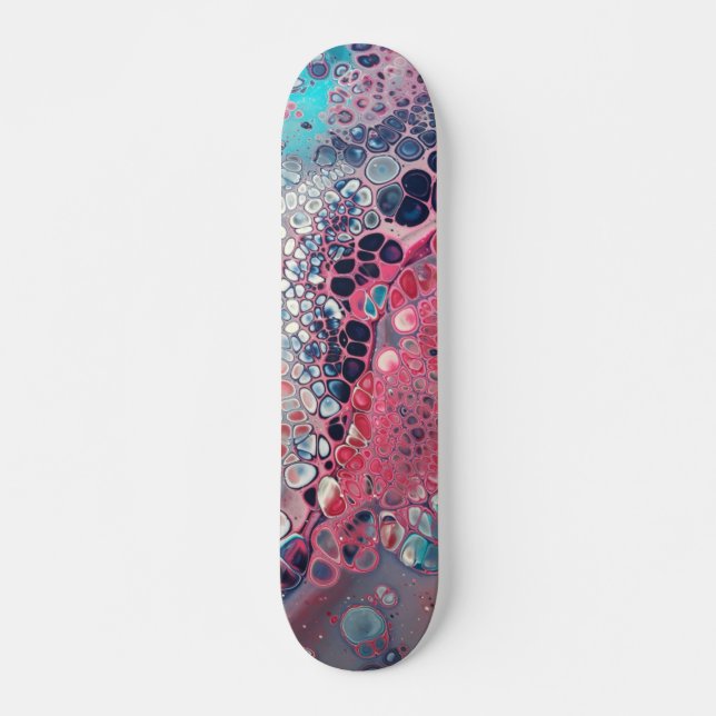 Coral and Aqua Acrylic Pour Colourful Abstract Skateboard (Front)