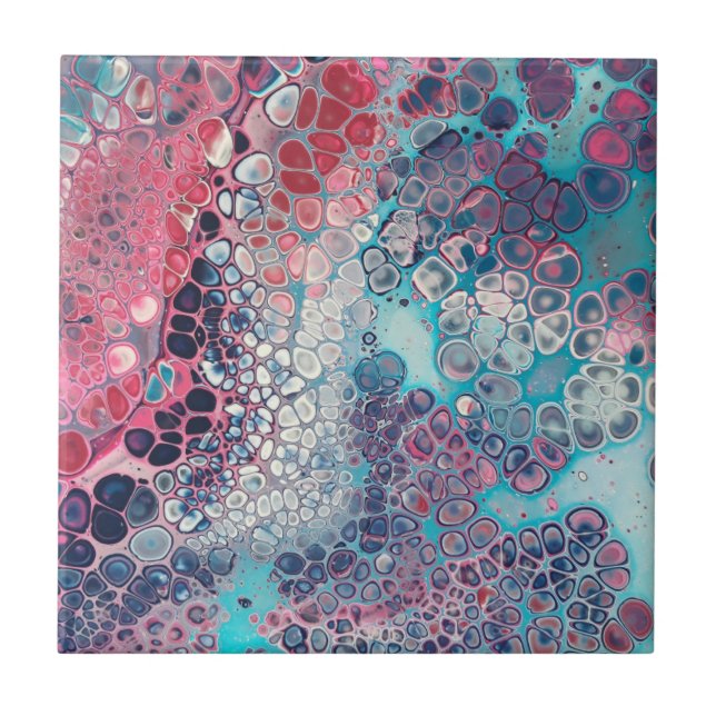 Coral and Aqua Acrylic Pour Colourful Abstract Tile (Front)