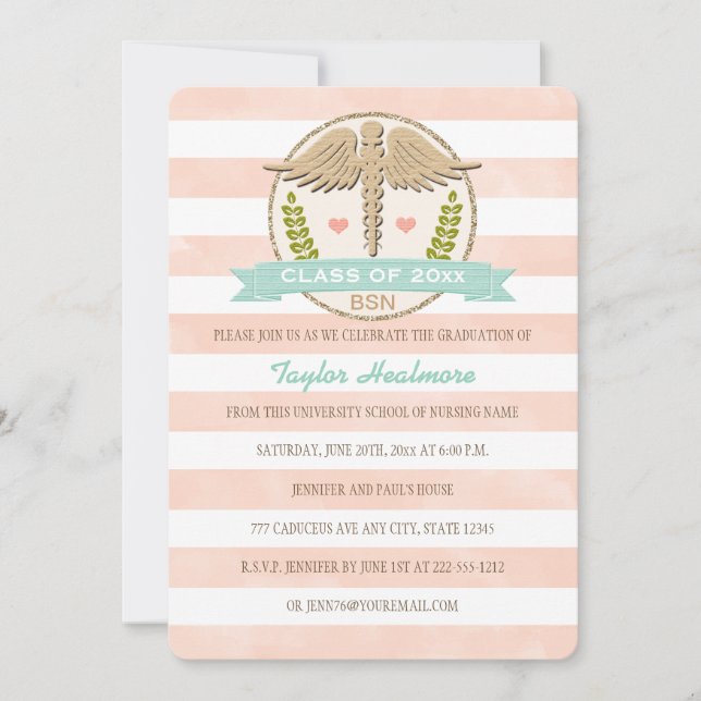 Coral and Aqua Caduceus Nursing School Graduation Invitation (Front)