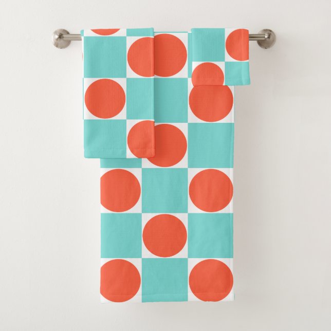 Coral and Aqua Circle Chequerboard Bath Towel Set (Insitu)