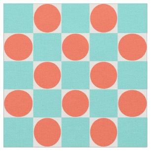 Coral and Aqua Circle Chequerboard Fabric