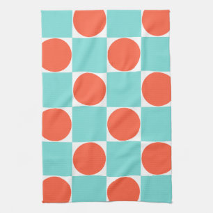 Coral and Aqua Circle Chequerboard Kitchen Towel