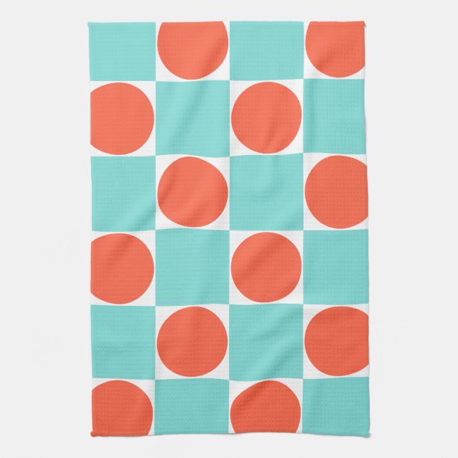Coral and Aqua Circle Chequerboard Kitchen Towel (Vertical)