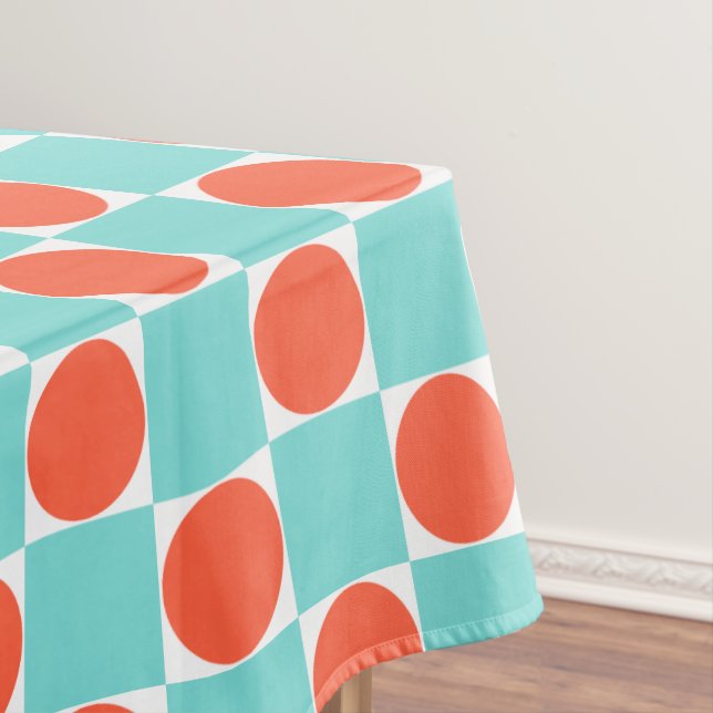 Coral and Aqua Circle Chequerboard Tablecloth (In Situ)