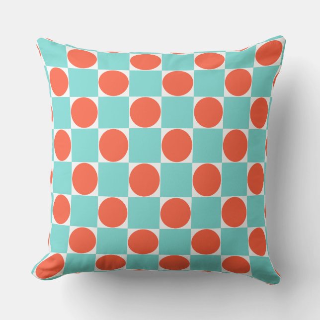 Coral and Aqua Circle Chequerboard Throw Pillow (Front)