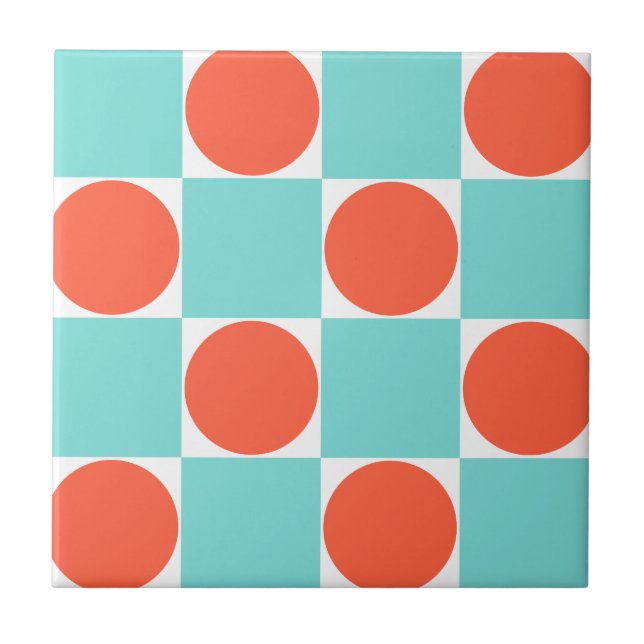 Coral and Aqua Circle Chequerboard Tile (Front)