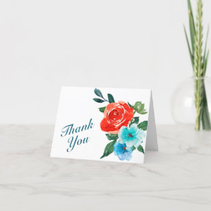 Coral and Aqua Floral Wedding Thank You Card