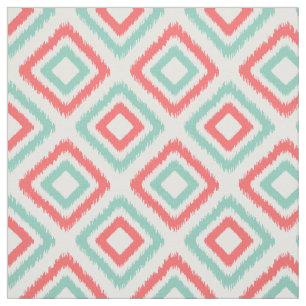 Coral and Aqua Modern Ikat pattern Fabric