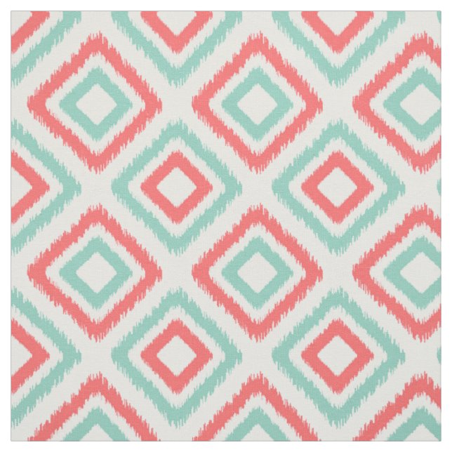 Coral and Aqua Modern Ikat pattern Fabric (Swatch)