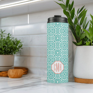Coral and Aqua Quatrefoil Custom Monogram Thermal Tumbler
