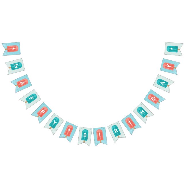 Coral and Aqua Summer Popsicle Happy Birthday Bunting Flags (All)
