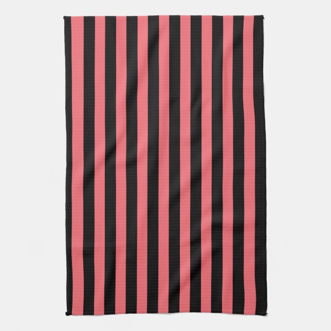 Coral and black candy stripes kitchen towel (Vertical)