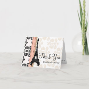 CORAL AND BLACK DAMASK EIFFEL TOWER THANK YOU CARD