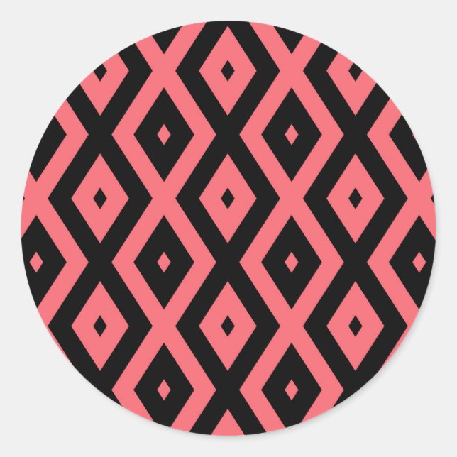 Coral and black diamond pattern classic round sticker (Front)