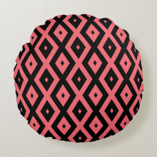 Coral and black diamond pattern round pillow