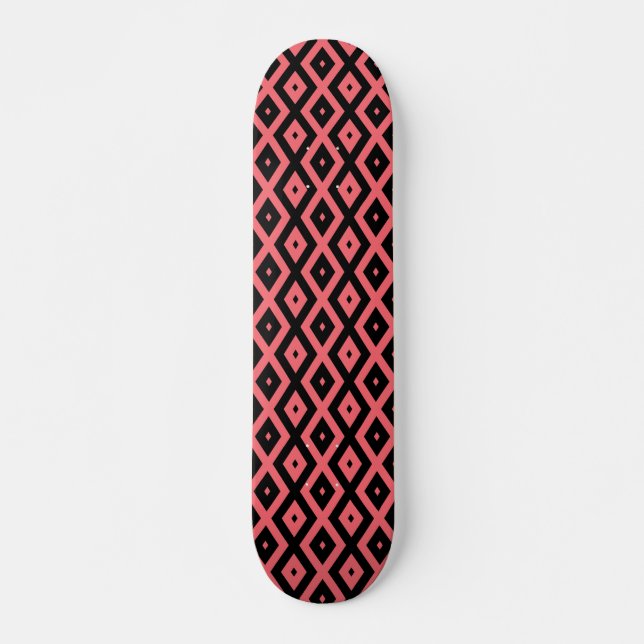 Coral and black diamond pattern skateboard (Front)