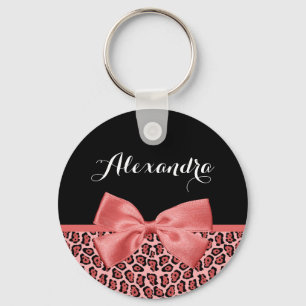 Coral and Black Jaguar Print Cute Bow With Name Keychain