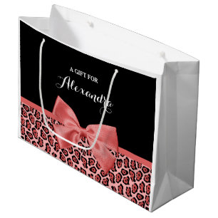 Coral and Black Jaguar Print Cute Bow With Name Large Gift Bag
