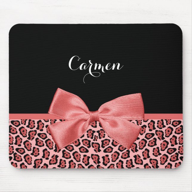 Coral and Black Jaguar Print Cute Bow With Name Mouse Pad (Front)