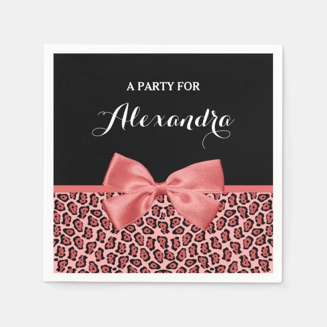 Coral and Black Jaguar Print Cute Bow With Name Napkin (Front)
