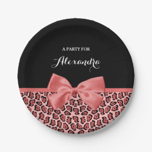 Coral and Black Jaguar Print Cute Bow With Name Paper Plate