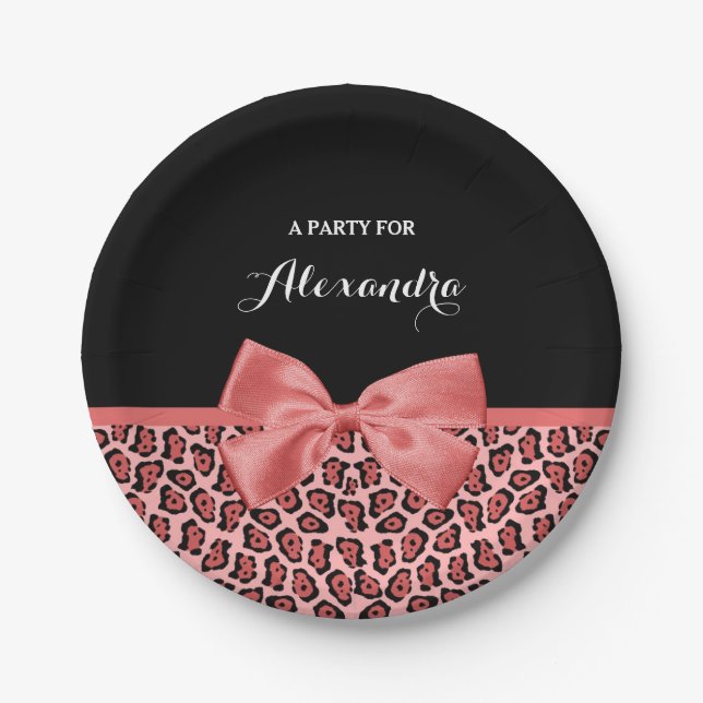 Coral and Black Jaguar Print Cute Bow With Name Paper Plate (Front)