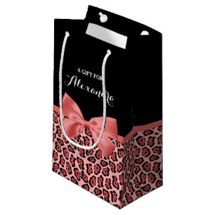 Coral and Black Jaguar Print Cute Bow With Name Small Gift Bag