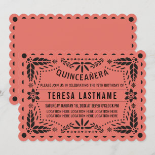 Coral and black papel picado Quinceañera Invitation