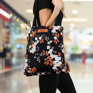 Coral and Black personalized Floral Tote Bag