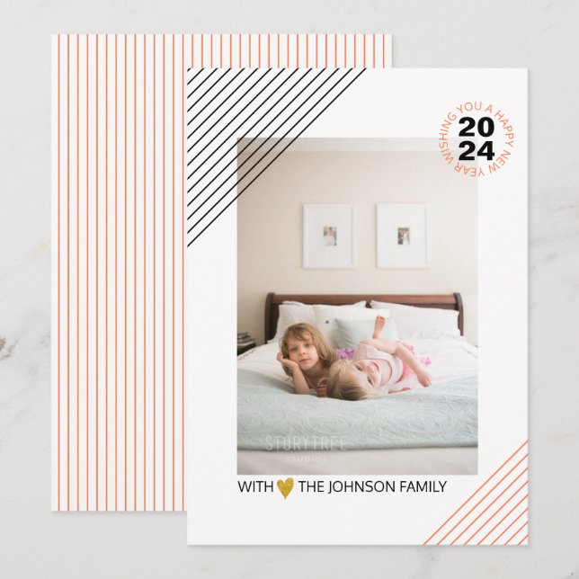 Coral and black stripes New Years 2024 gold photo Holiday Card (Front/Back)