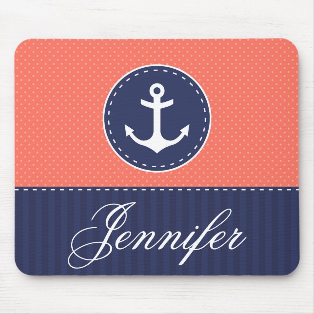 Coral and Blue Anchor Design Customizable Name Mouse Pad (Front)