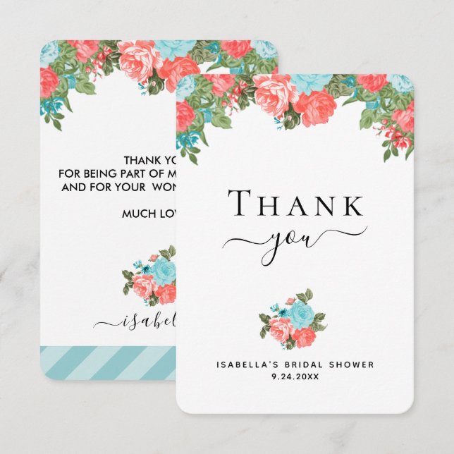 Coral and Blue Teal Floral  Thank You Card (Front/Back)
