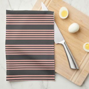 Coral and charcoal five stripe pattern kitchen towel