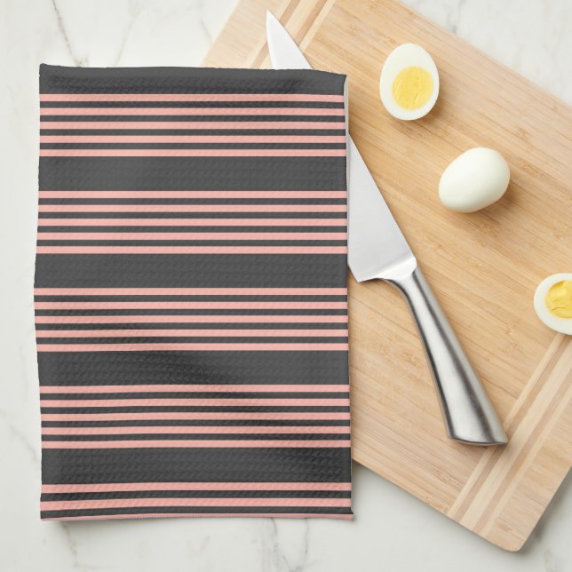 Coral and charcoal five stripe pattern kitchen towel (Quarter Fold)