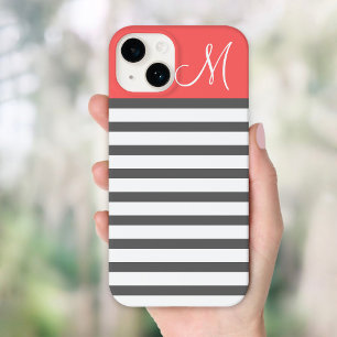 Coral and Charcoal Preppy Stripes Custom Monogram Case-Mate iPhone 14 Case