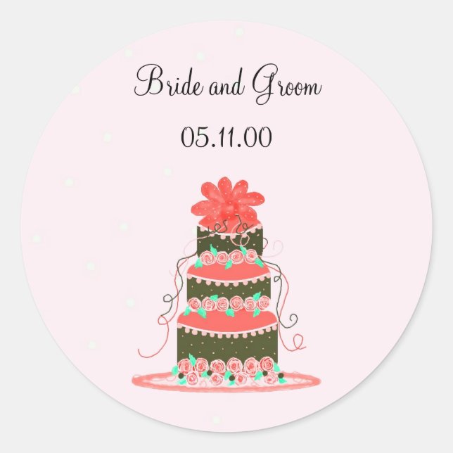 Coral and Chocolate Wedding Cake Classic Round Sticker (Front)