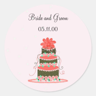 Coral and Chocolate Wedding Cake Classic Round Sticker